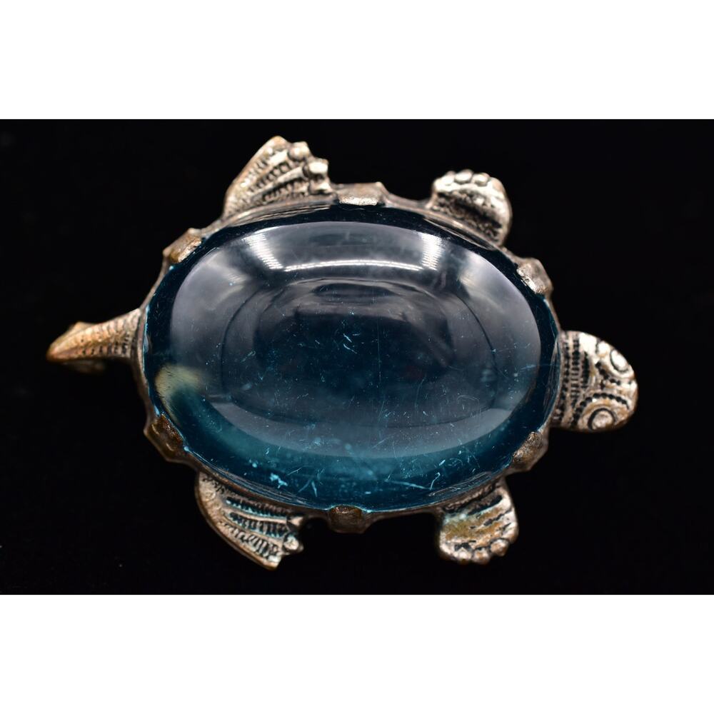Vintage Cabochon Turtle Pin Brooch Blue Jelly Bezel Silver Tone 1950s BinBP